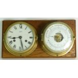 A mid 20th century Schatz maritime brass bulkhead clock/barometer/thermometer set, the clock