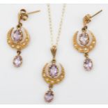 A vintage Victorian style 9ct gold amethyst and half pearl pendant and ear ring suite, Sheffield