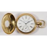 Waltham, a gold plated key less wind half hunter pocket watch, c.1896, the two part dial signed