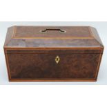 A Georgian burr walnut tea caddy, with boxwood inlay, opening to reveal two compartments and a