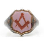 A Victorian gold and carved sardonyx Masonic signet ring, unmarked, tests 9ct gold, with floral