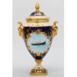 A Coalport lidded ram's head vase on a pedestal base, The Royal Yacht Britannia, hand painted,