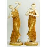 A pair of Royal Worcester gilt and blush ivory figures of Classical Maidens, modelled by James