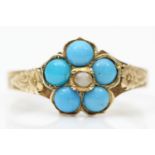 A Victorian gold , turquoise glass and half pearl cluster ring, tests as 9ct gold, floral engraved