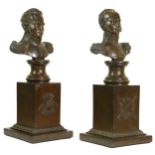 A 19th century pair of bronze Germanic Generals busts, raised on plinths, 33cm