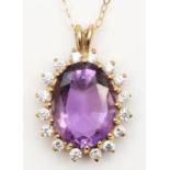 A 9ct gold amethyst and CZ pendant, stone 16 x 12mm, chain, 4.8gm