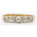 A vintage 18ct gold five stone diamond ring, set with graduated old cut brilliant stones, L 1/2, 2.