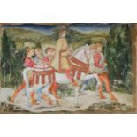 A medieval style oil on canvas depicting a nobleman with his hunting party, 100 x 150cm