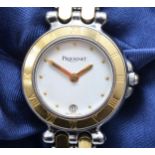 A Pequignet, stainless steel and 18k gold (unmarked) quartz date ladies wristwatch, the bracelet