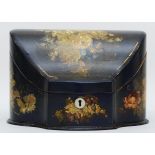 A late 19th century papier mache stationary box, decorated with floral sprays, opening to reveal a