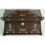 A Victorian burr walnut sarcophagus-form tea caddy, having inset mother of pearl decoration, with