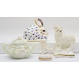 A Royal Crown Derby rabbit paperweight, together with a Staffordshire porcelain figure of a sheep, a