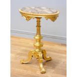 A giltwood and marble oval occasional table, raised on a tripod pedestal, 56 x 43 x 72cm