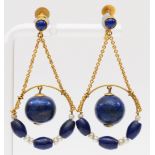 An Edwardian 9ct gold pair of lapis lazuli and pearl ear pendants, length 40mm, 8.4gm