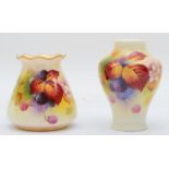 Two Royal Worcester baluster vases, hand painted with still lifes of fruits on a mossy bank,