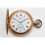 Waltham, a gold plated keyless wind half hunter pocket watch, white enamel dial with Roman