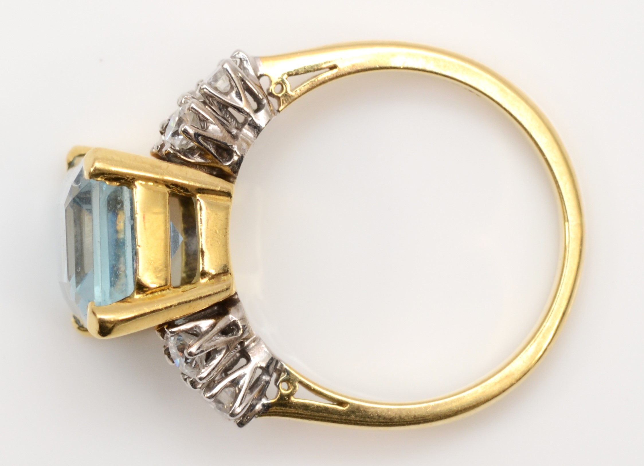 An 18ct gold aquamarine and diamond dress ring, claw set with a step cut stone, 11 x 9mm, - Image 4 of 6