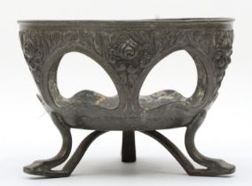Liberty & Co, and English pewter bowl, design 01147, with cast flotral motifs, raised on three legs,