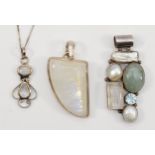 A silver, quartz and pearl pendant,and two other quartz pendants, 5.5cm, 39gm