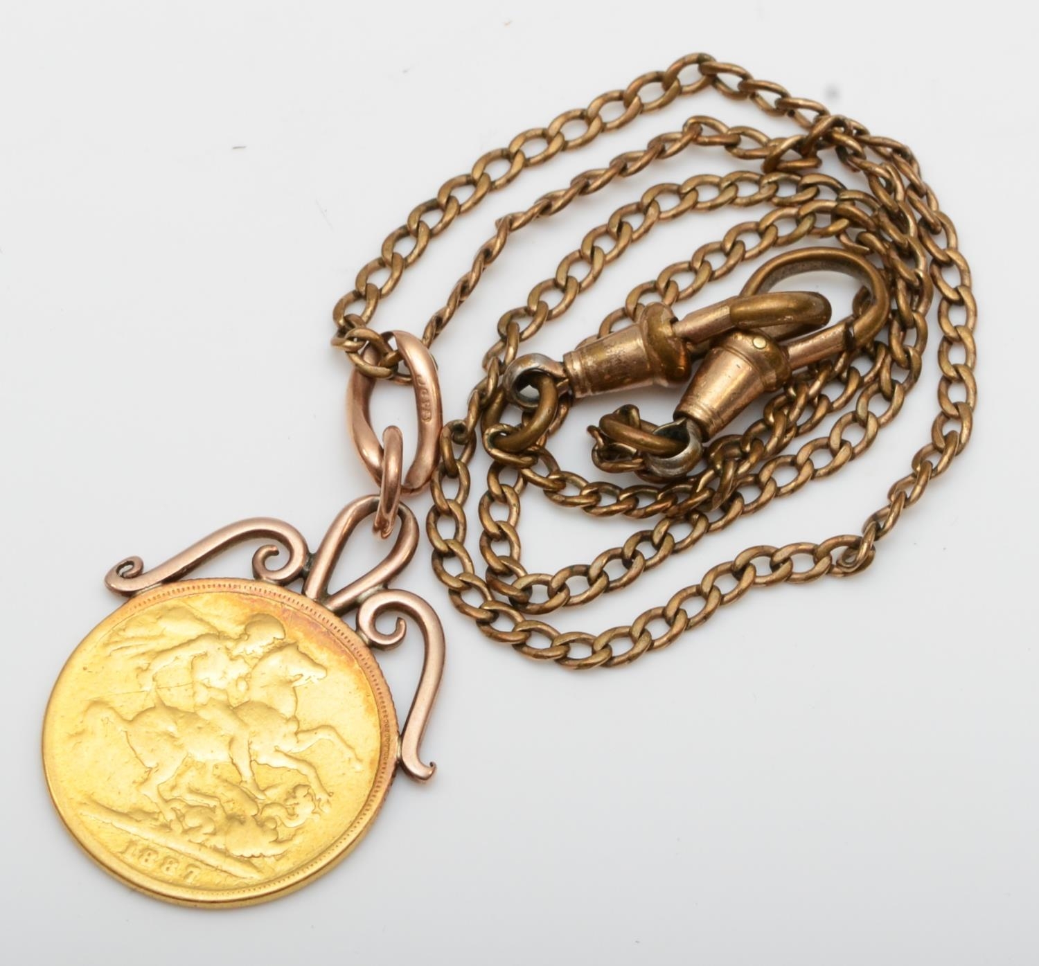 A Victorian Old Head 1887 sovereign, hard soldered as a pendant, metal chain, pendant 9.2gm - Image 3 of 3