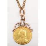 A Victorian Old Head 1887 sovereign, hard soldered as a pendant, metal chain, pendant 9.2gm