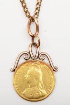 A Victorian Old Head 1887 sovereign, hard soldered as a pendant, metal chain, pendant 9.2gm