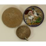 A Victorian silver and enamel Crown, 1889, converted to a brooch, together with 1882 Spanish coin