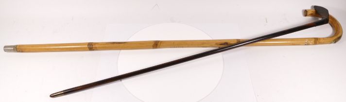 A bamboo walking stick with concealed horse measure, together with an early 20th century walking