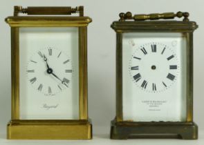 Two mid 20th century French carriage clocks, brass cased with 8 day movements. (spares or repair)