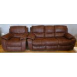 A modern recliner 3 seater sofa with matching rocker/reclining armchair, upholstered in chocolate b