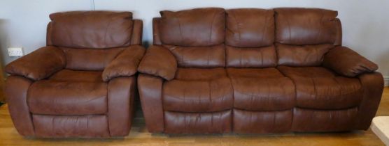 A modern recliner 3 seater sofa with matching rocker/reclining armchair, upholstered in chocolate b