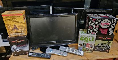 A Tevion 19" television, an E-motion 23" television, a Logik 23" television and various boxed DVD/CD