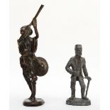 A bronze sculpture of an African hunter, 23cm tall, together with a lead figure an aged miner,