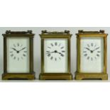 Three mid 20th century 8 day brass carriage clocks, unnamed. (3)