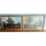 A pair of gilt framed oil on canvases, depicting countryside scenes, signed. 105x75cm. (2)