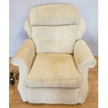 A G-Plan electric reclining arm chair, upholstered in a patterned beige, chenille fabric. W90, H102,