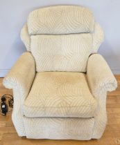 A G-Plan electric reclining arm chair, upholstered in a patterned beige, chenille fabric. W90, H102,