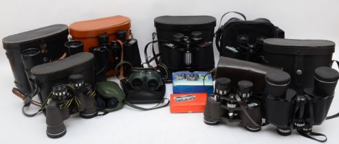 A collection of twelve pairs of binoculars, to include Prinzlux 10x50, cased, Optomax 10x50,