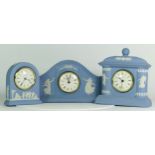 Three Wedgewood blue Jasperware mantel clocks, having quartz movements. (3)