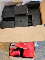 A large box of plastic rodent traps, unused and a box of plastic whistles, unused