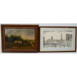 19th century naive English school, house on a hillside, oil on canvas, 34 x 48 and a framed Lowry