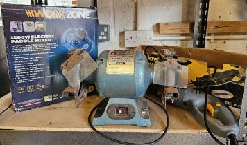 A Clarke 6" bench grinder, a Workzone paddle mixer, unused, and a Tooltec reciprocating saw