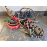 Two hand crank pumps, an oil collector and other automobilia equipment