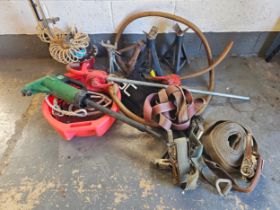 Two hand crank pumps, an oil collector and other automobilia equipment