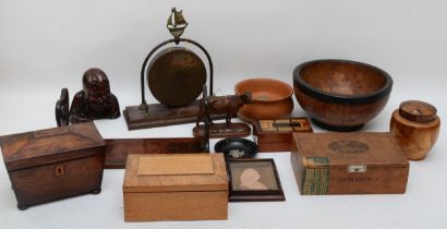 An Edwardian rosewood book slide, together with a black forest carved cow, a cigar box, a cribbage