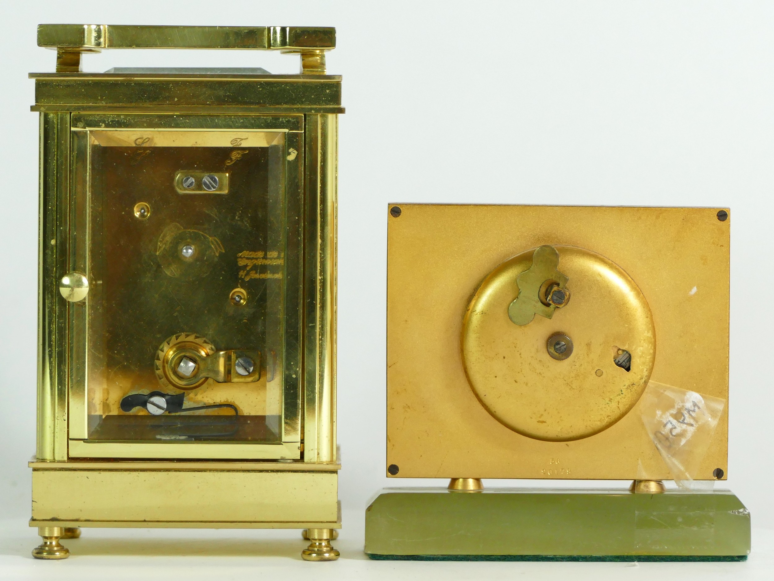 An English 8 day brass carriage clock, retailed by Asprey, together with a Swiss bedside clock on - Image 3 of 3