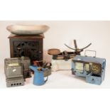 A set of scales, two gas meters, a metal one pint jug and oiler and a radio speaker case