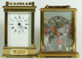 A French brass 8 day carriage clock, together with a Swiss brass carriage clock having a quartz