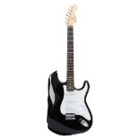 A Squire by Fender electric guitar, Stratocaster body, three pickups, black colourway, with a