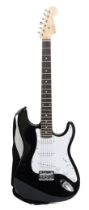 A Squire by Fender electric guitar, Stratocaster body, three pickups, black colourway, with a